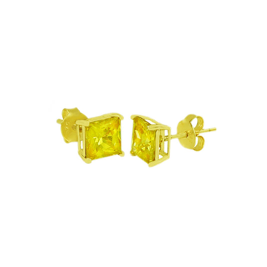 Sterling Silver Square CZ Citrine Casting Gold Plated Stud Earrings