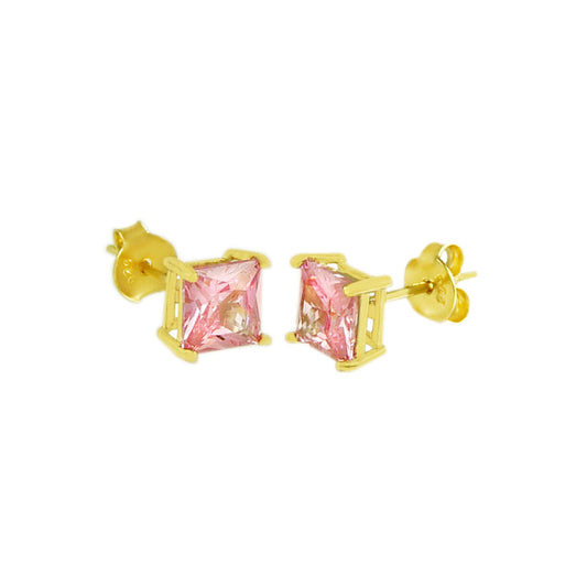 Sterling Silver Square CZ Pink Casting Gold Plated Stud Earrings
