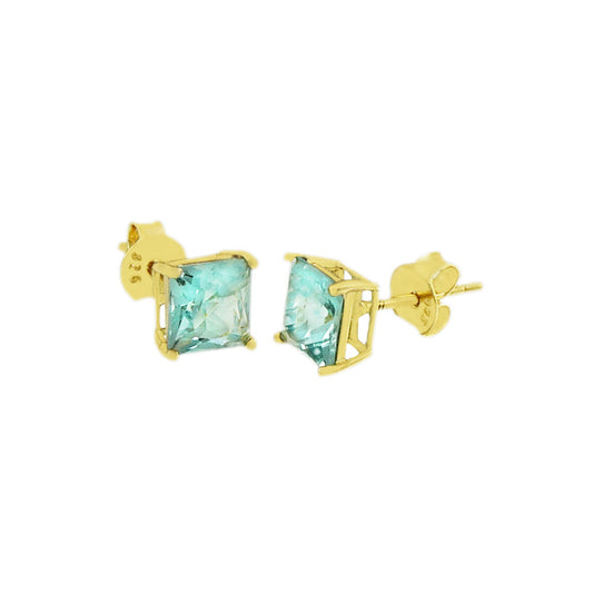 Sterling Silver Square CZ Aquamarine Casting Gold Plated Stud Earrings