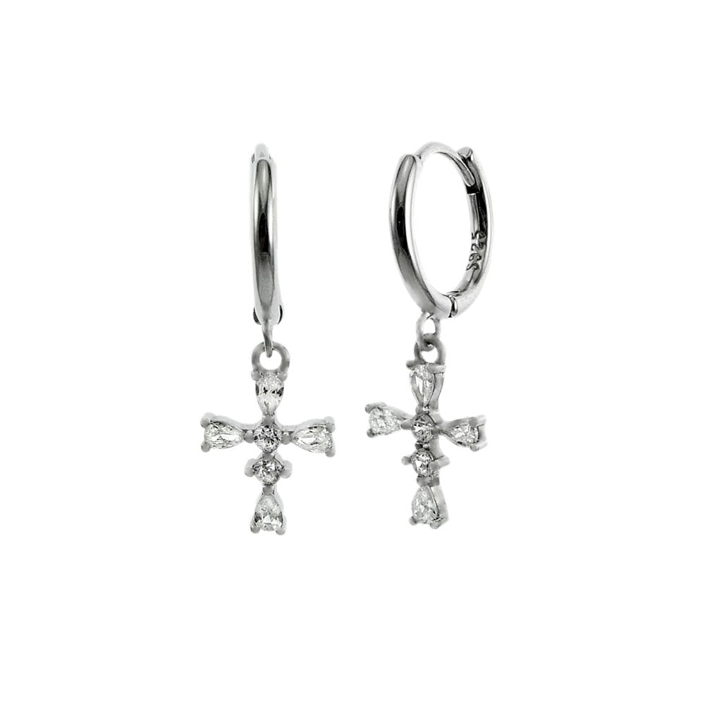 CZ Cross Sterling Silver Rhodium Huggie Hoop Earrings