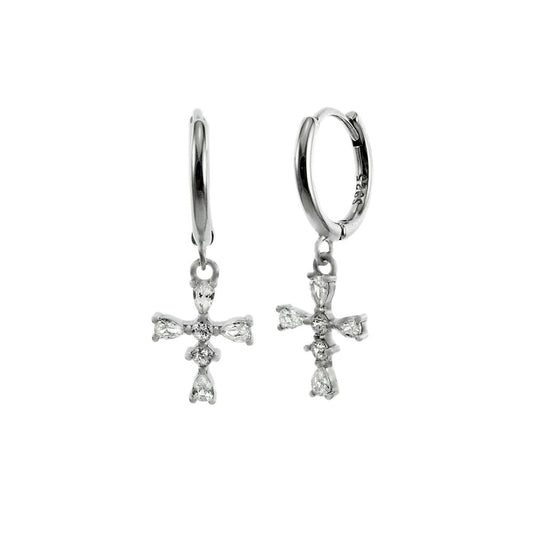 CZ Cross Sterling Silver Rhodium Huggie Hoop Earrings
