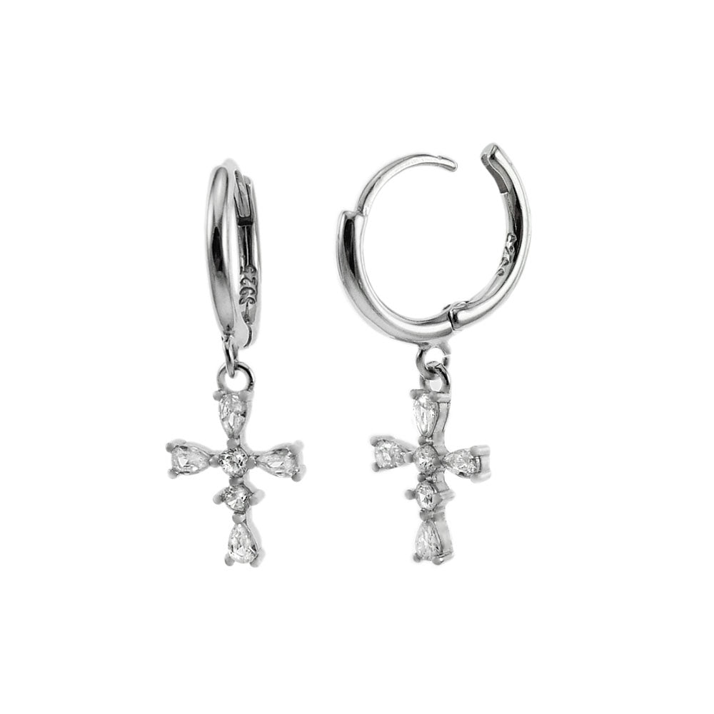 CZ Cross Sterling Silver Rhodium Huggie Hoop Earrings