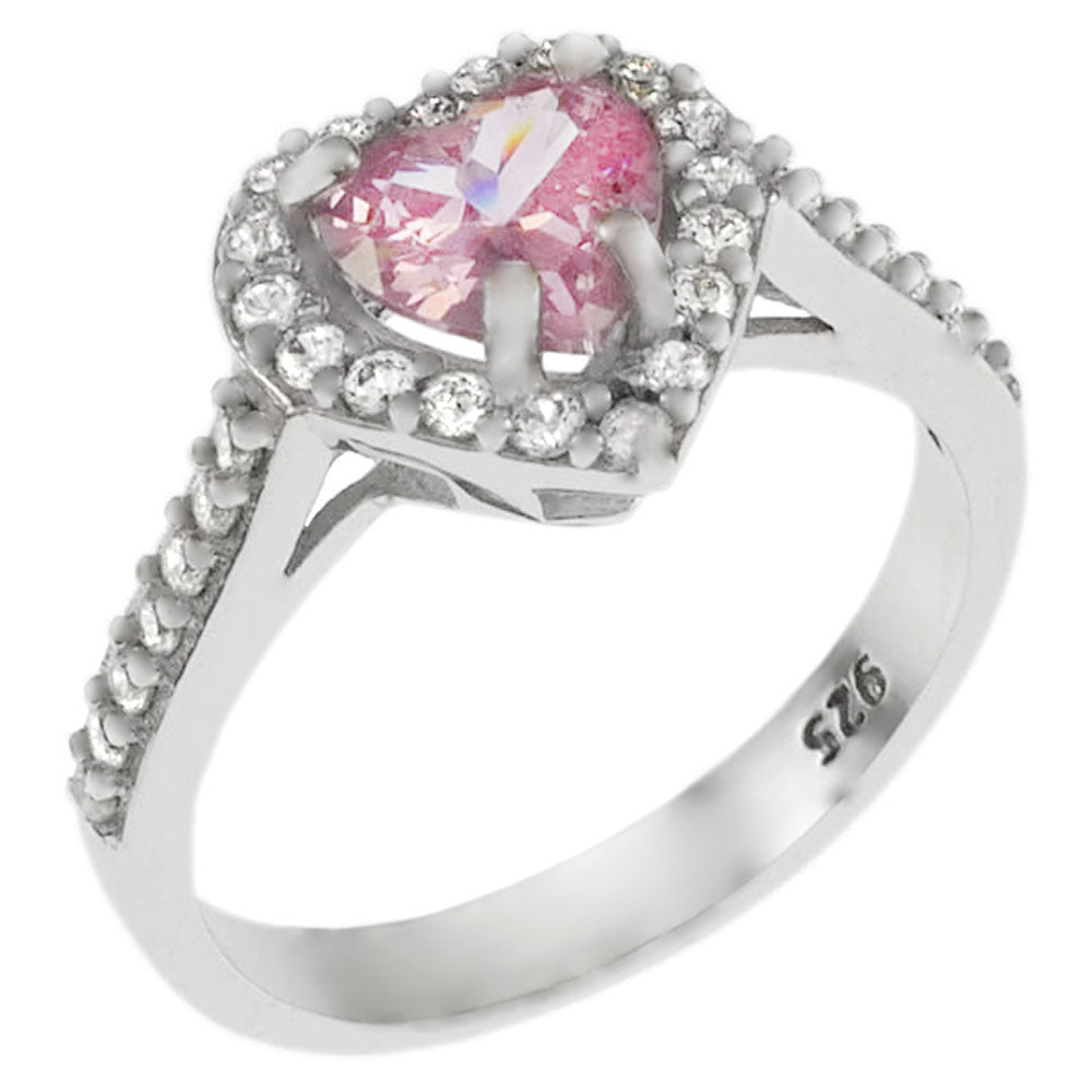 Pink Heart Shape CZ Halo Sterling Silver Ring