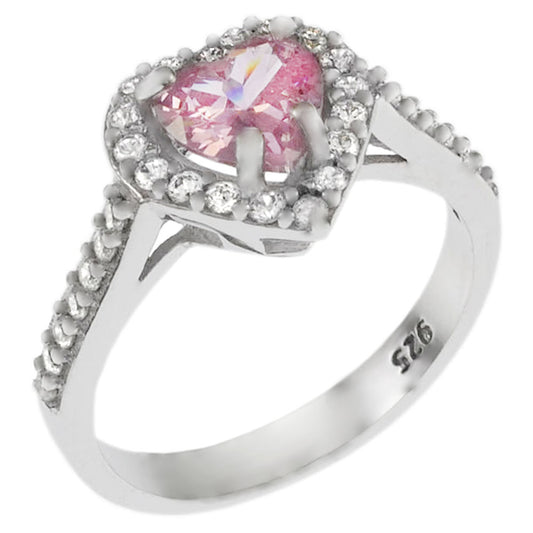 Pink Heart Shape CZ Halo Sterling Silver Ring