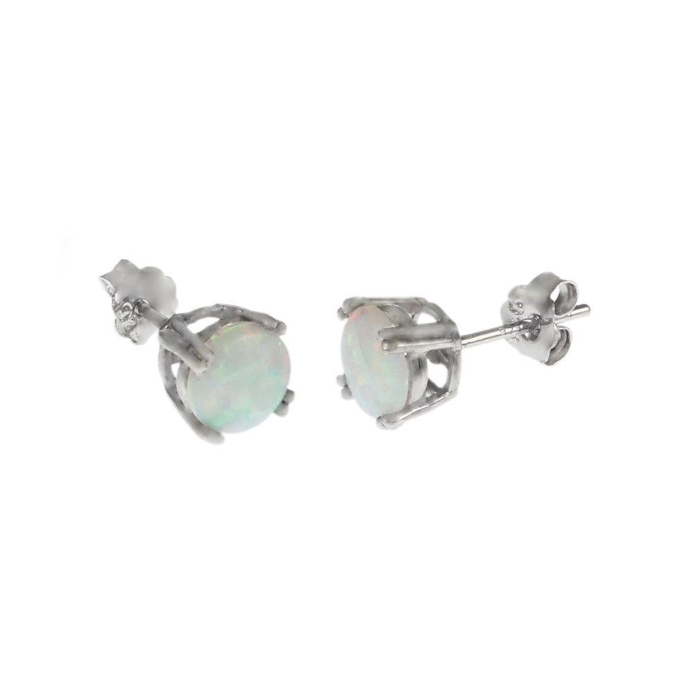 Created White Opal Double Prong Rhodium Stud Earrings