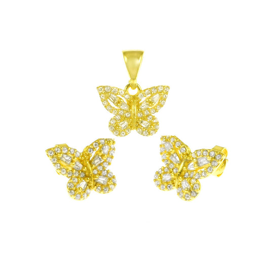 Gold Plated Zirconia Butterfly Earrings & Pendant Set