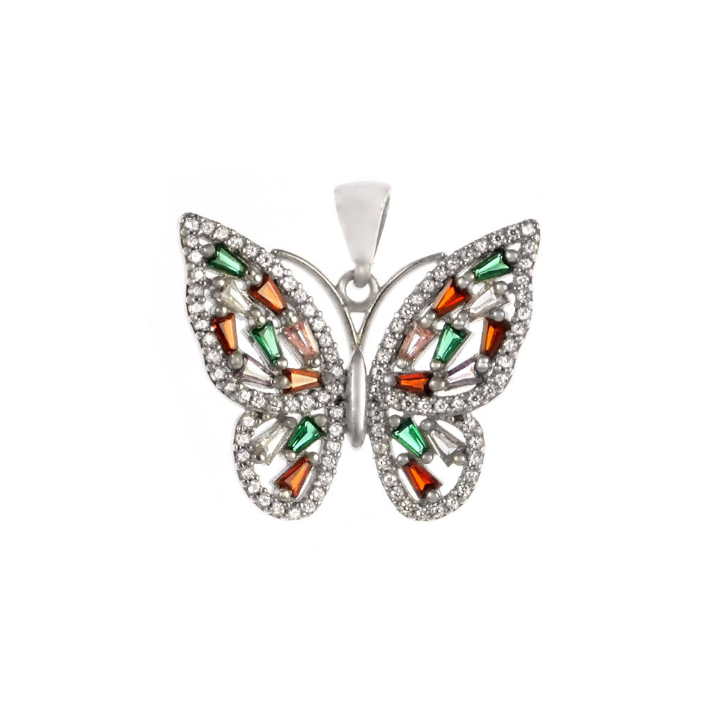 Multicolored CZ Butterfly Rhodium Pendant