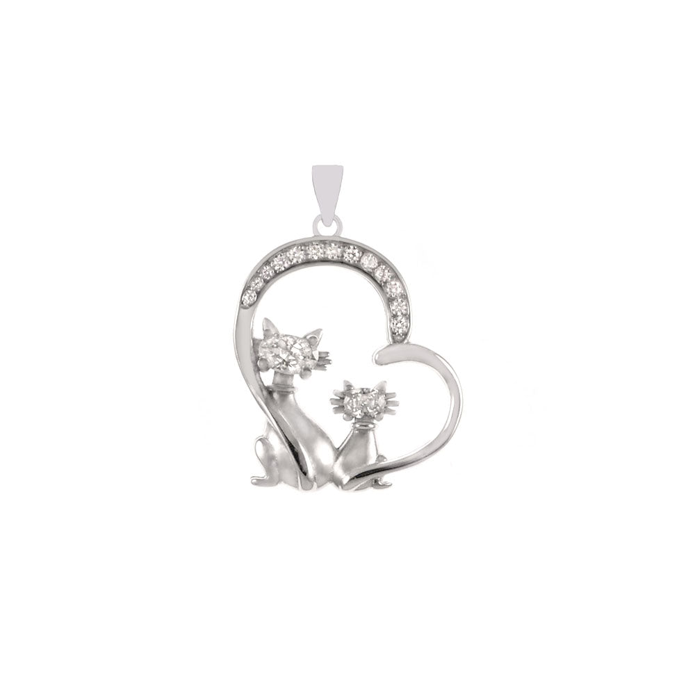 Cats in Heart Sterling Silver Rhodium Pendant