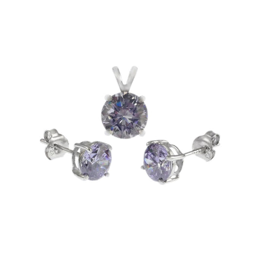 Sterling Silver Round Lavender CZ Earrings & Pendant Set
