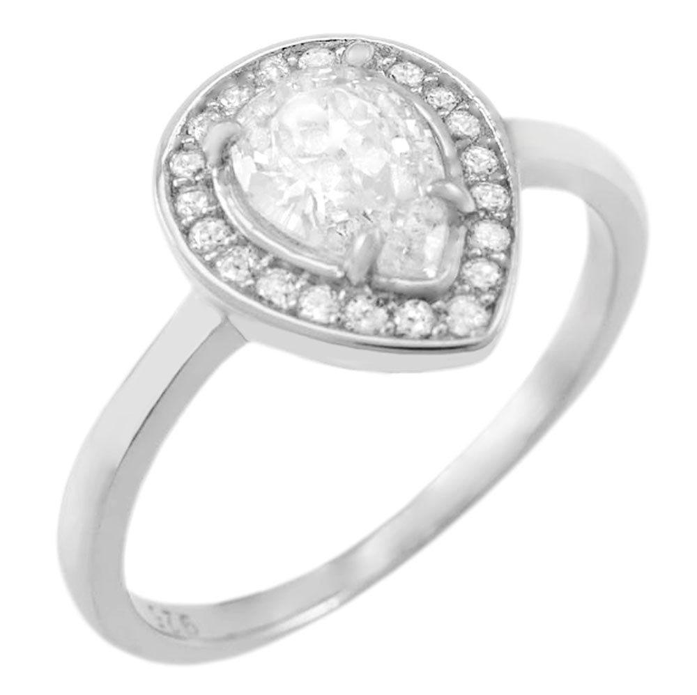 Pear Shaped Halo Sterling Silver Engagement Ring