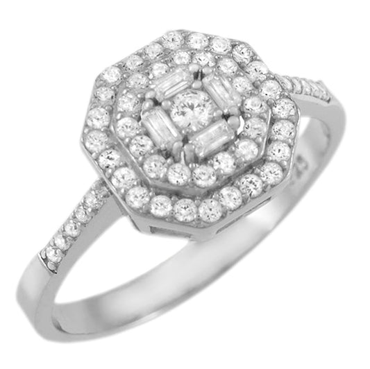 Pavé-Set Layered Octagon Cubic Zirconia Engagement Ring