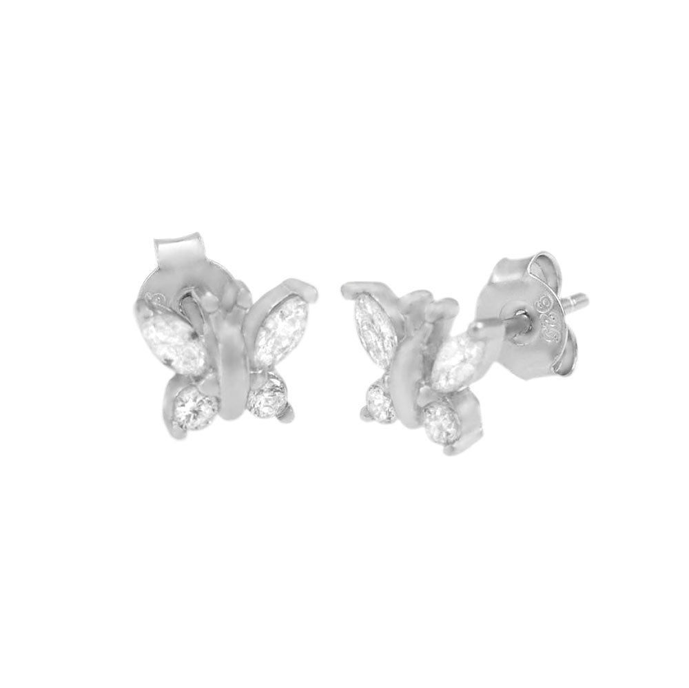 Sterling Silver Rhodium CZ Butterfly Stud Earrings
