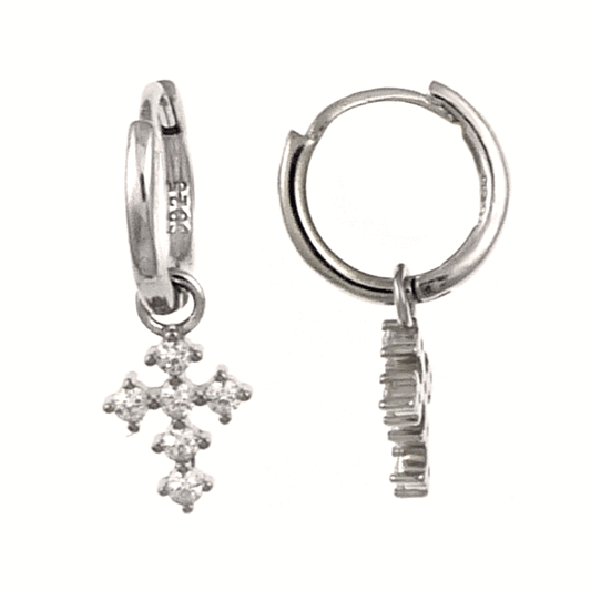 Dangle CZ Cross with Huggie Hoop Rhodium Earrings