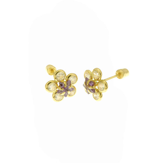 Amethyst CZ Flower 14K Gold Screw Back Stud Earrings