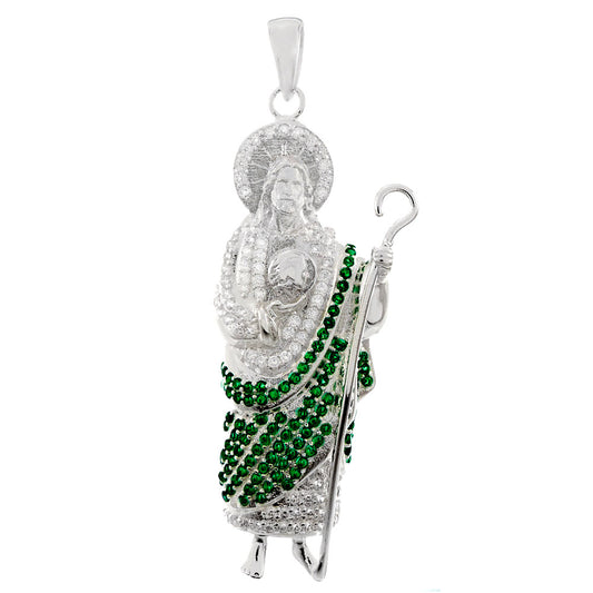 Saint Jude Thaddeus with Green - White CZ Rhodium Pendant