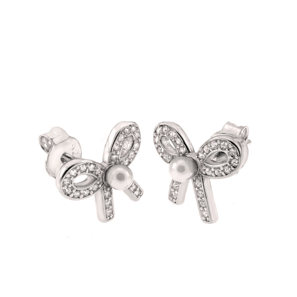 Cubic Zirconia Bowtie Stud Earrings with Pearl