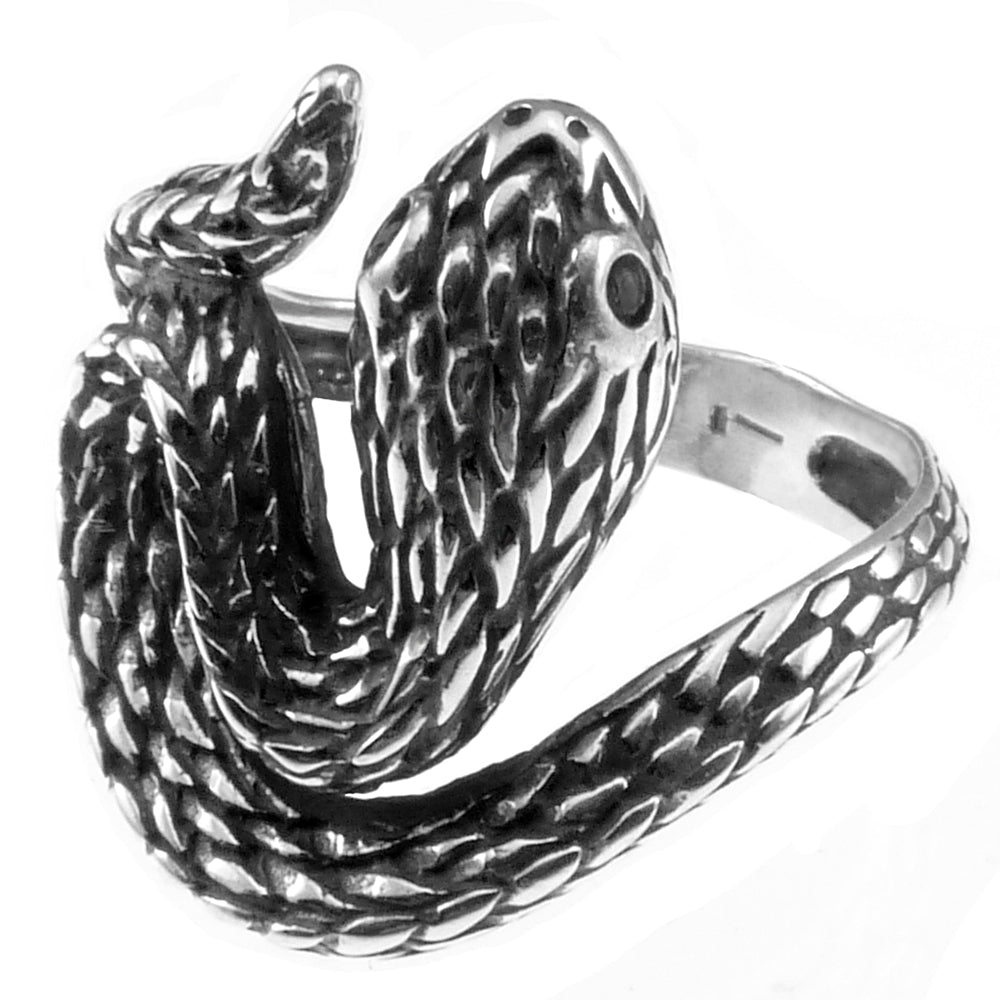 snake wrapped around finger oxidized silver ring