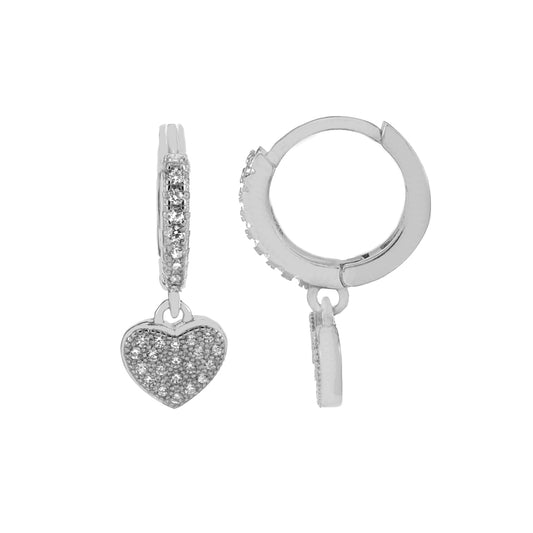 Paved CZ Heart Drop Earrings -Sterling Silver Huggie Hoops