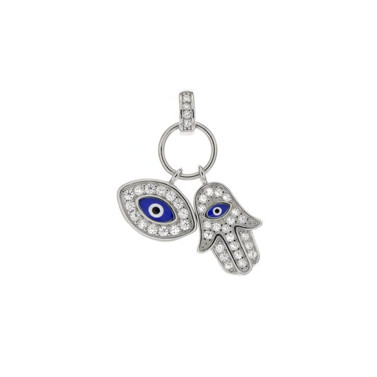 Evil Eye & Hamsa Hand CZ Rhodium Charm Pendant