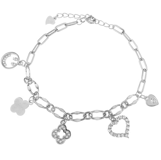 Paperclip with CZ Charm Rhodium Bracelet