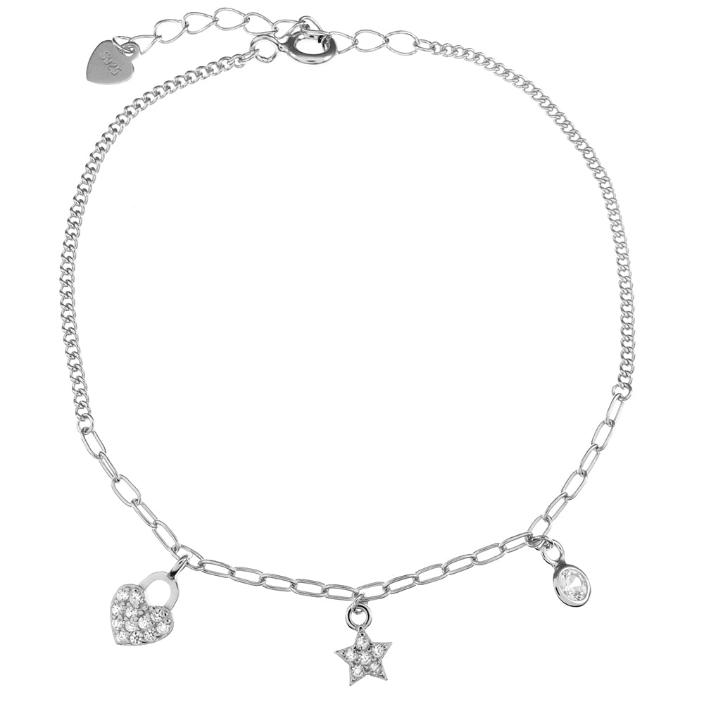 Small Heart-Star-Round CZ Rhodium Charm Bracelet