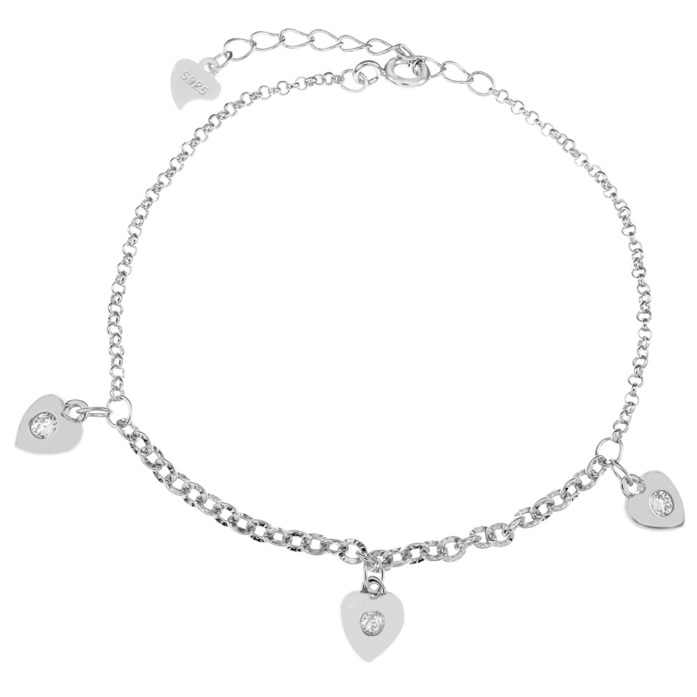 Sterling Silver Small CZ Heart Rhodium Charm Bracelet