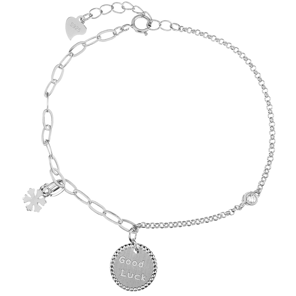 Sterling Silver GOOD LUCK Charm Rhodium Bracelet