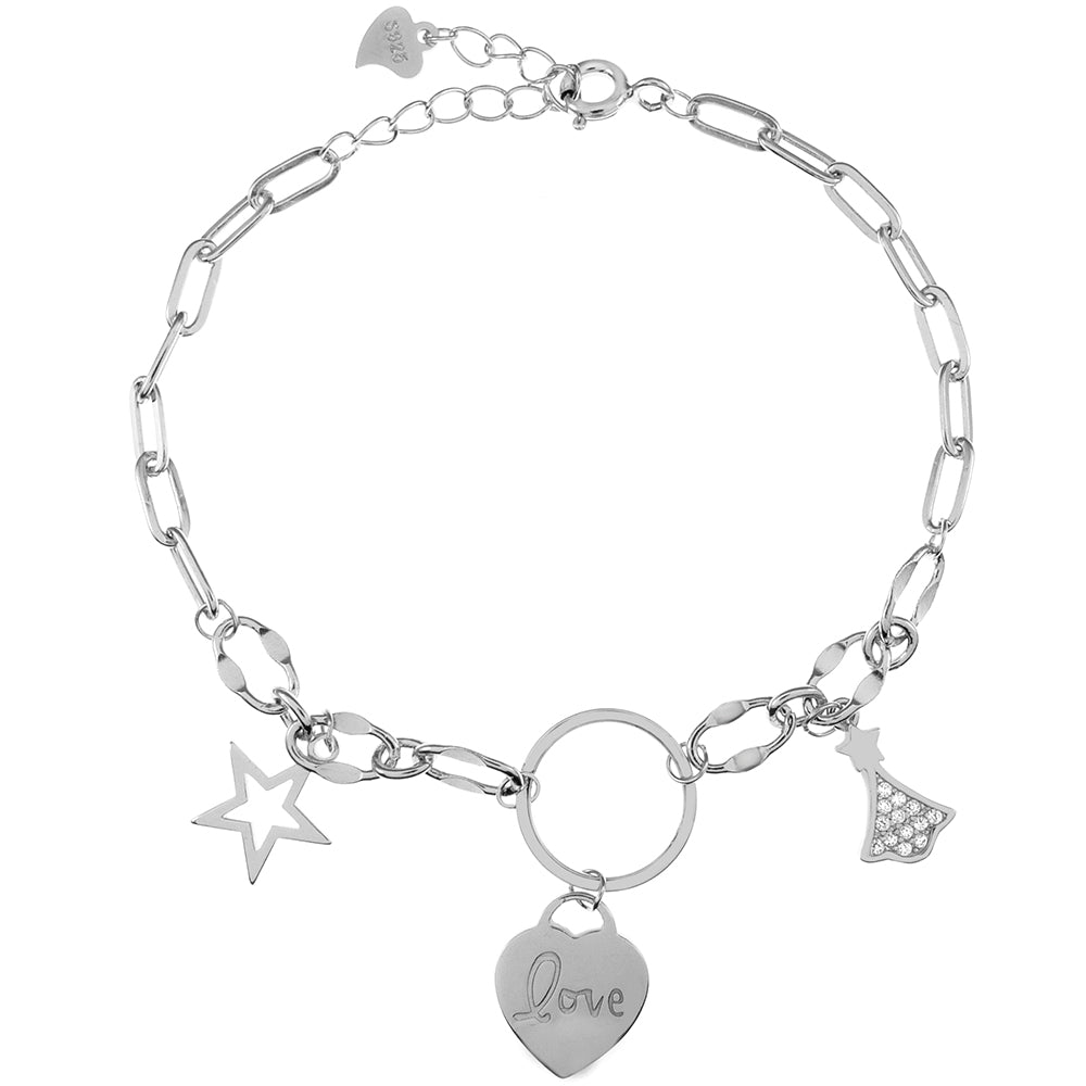 Sterling Silver Rhodium Heart-Star Charm Bracelet