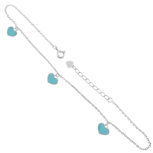 adjustable silver anklet with light blue heart charms