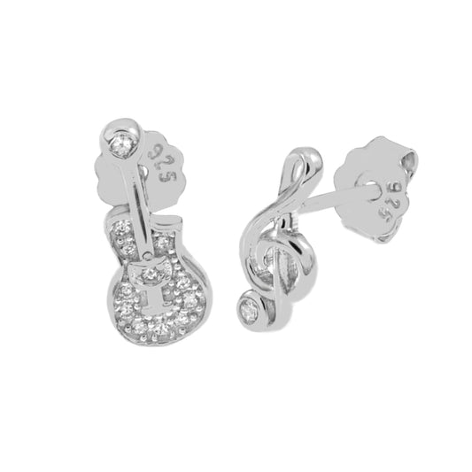 Guitar & Treble Note CZ Sterling Silver Stud Earrings