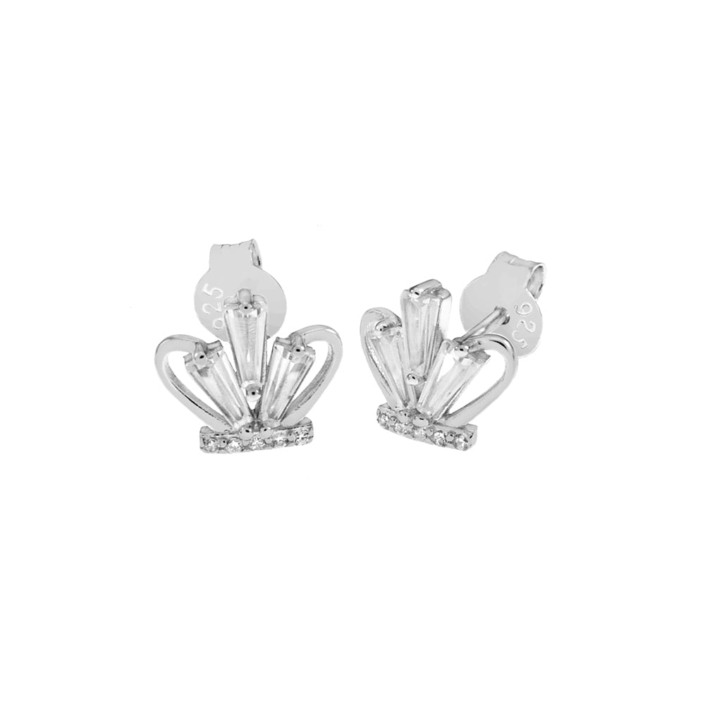 Crown CZ Sterling Silver Rhodium Stud Earrings