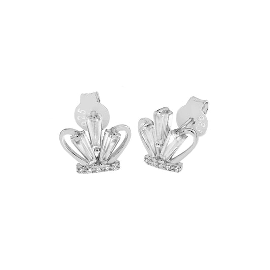 Crown CZ Sterling Silver Rhodium Stud Earrings