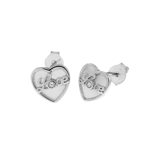 Mother of Pearl Heart - LOVE Rhodium Stud Earrings