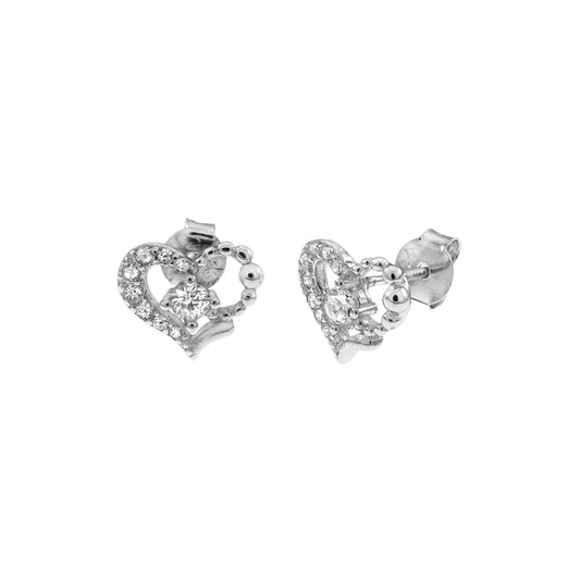 Small Heart CZ Rhodium Stud Earrings