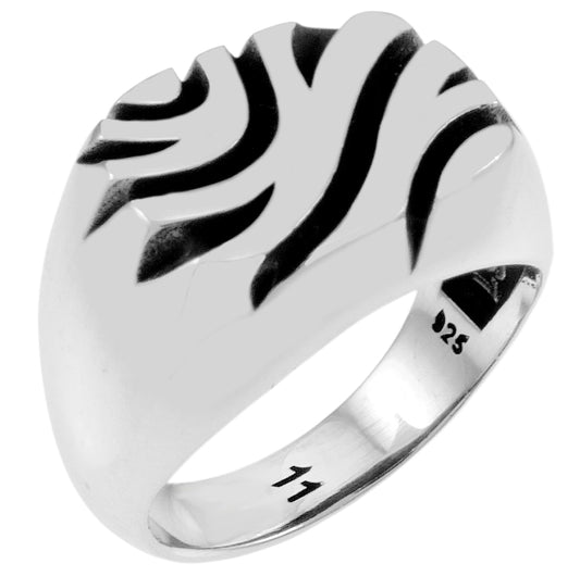 Oxidized Men Silver Ring - Tiger Stripes Pattern