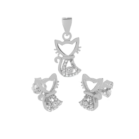 Cubic Zirconia Cat Sterling Silver Earrings Pendant Set