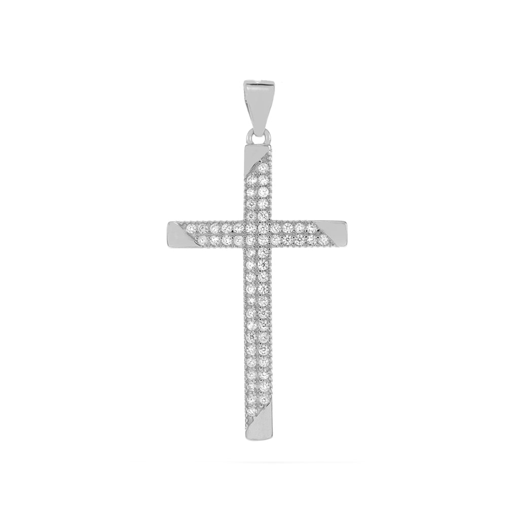 Micro Pave CZ Cross Sterling Silver Rhodium Pendant