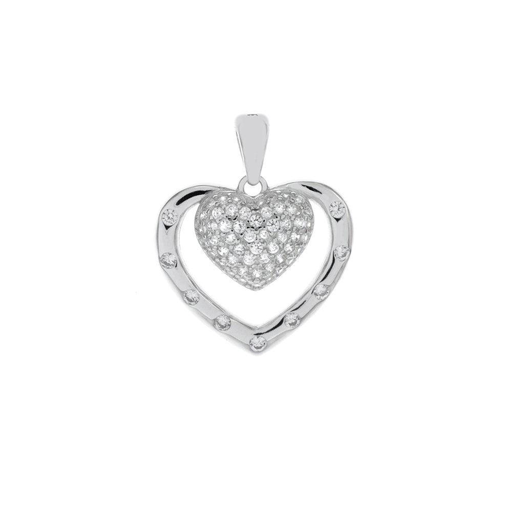 Pave CZ Double Heart Sterling Silver Rhodium Pendant