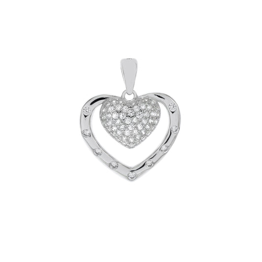 Pave CZ Double Heart Sterling Silver Rhodium Pendant
