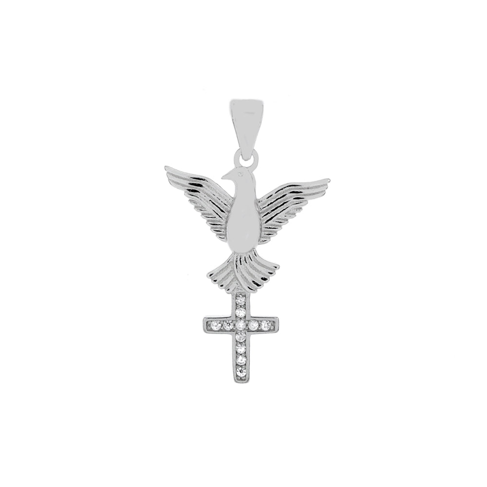 Sterling Silver Holy Spirit Cross CZ Rhodium Pendant