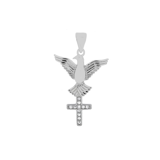 Sterling Silver Holy Spirit Cross CZ Rhodium Pendant