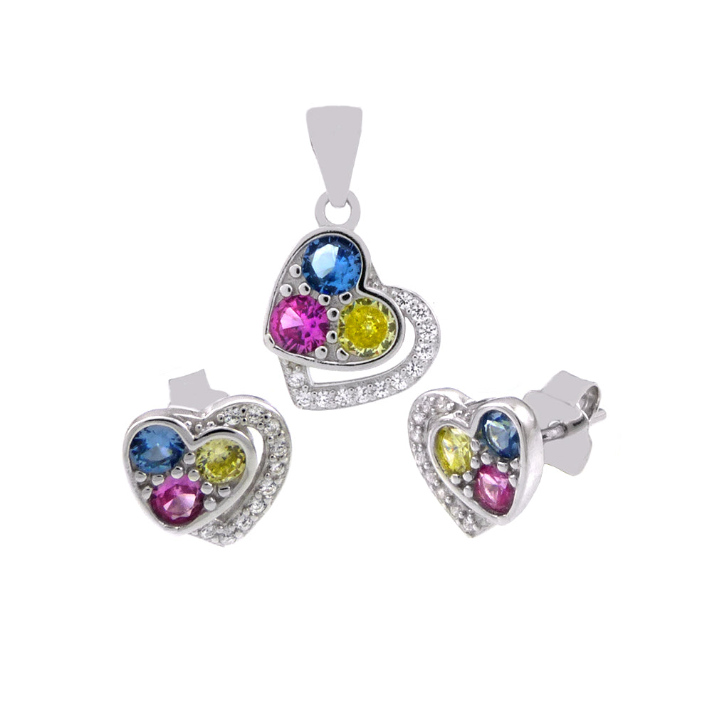 Multi Color CZ Heart Earrings & Pendant Set