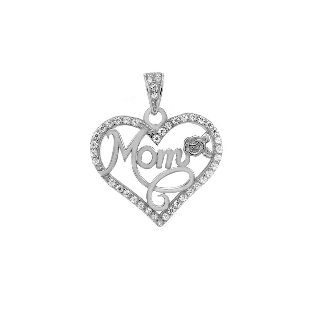 MOM Heart CZ Sterling Silver Rhodium Pendant