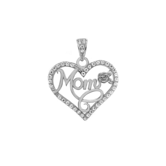 MOM Heart CZ Sterling Silver Rhodium Pendant