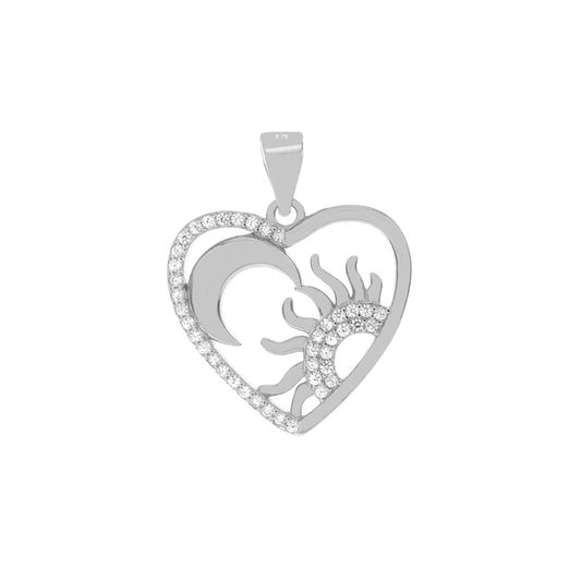 Sun-Moon in Heart Rhodium CZ Pendant