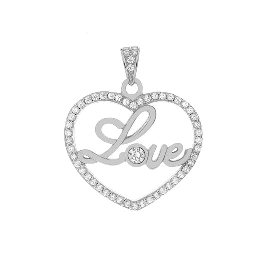 LOVE Heart Sterling Silver Rhodium CZ Pendant