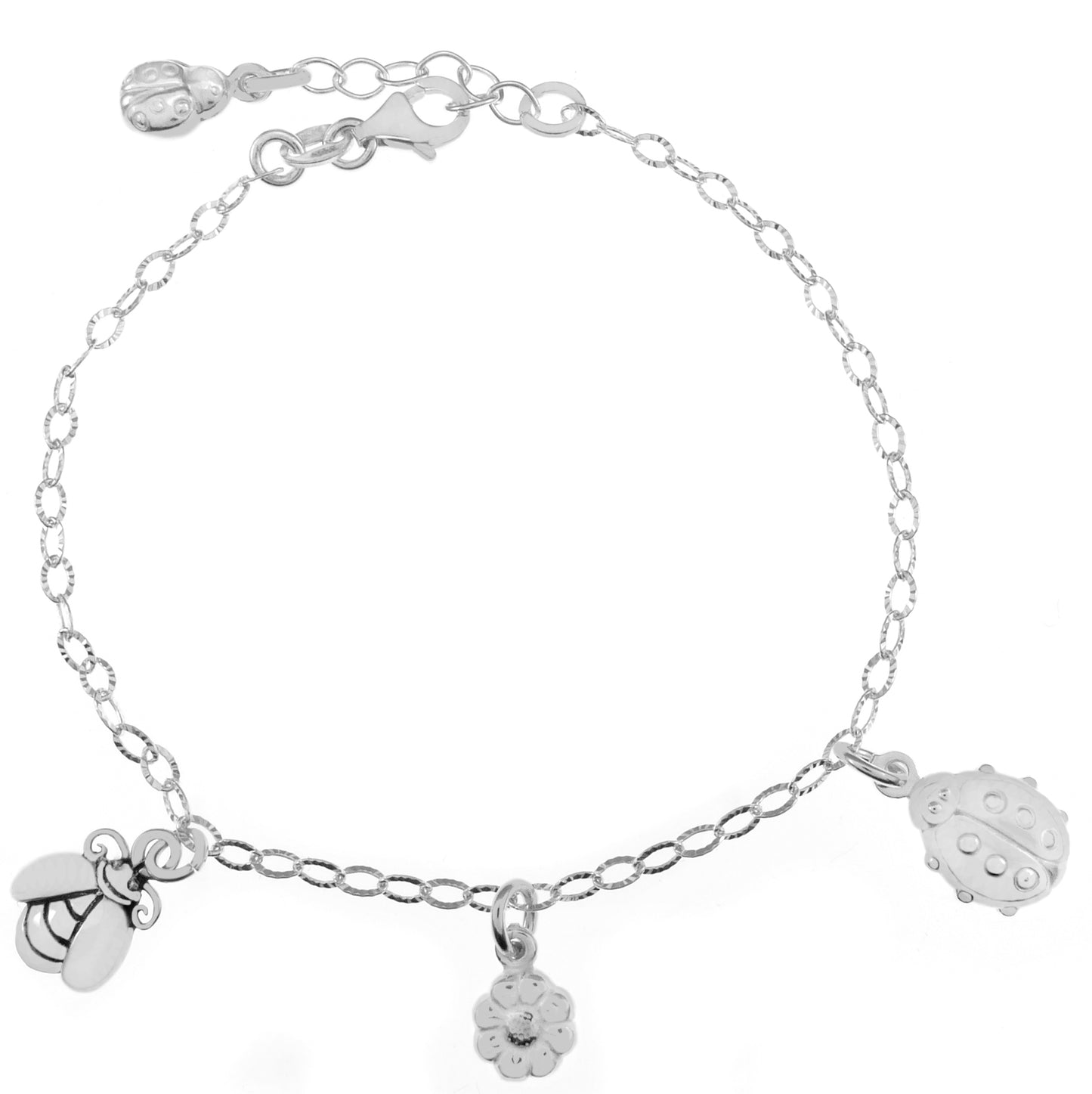 adjustable sterling silver charm bracelet with ladybug, flower, and bee