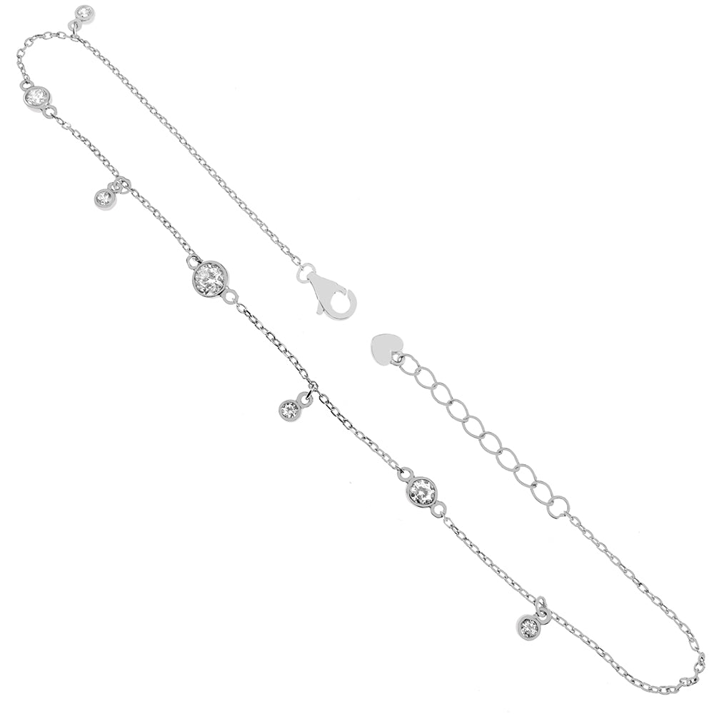 Round CZ Bezel Set Sterling Silver Rhodium Anklet