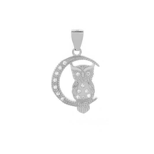 Owl-Crescent Moon Cubic Zirconia Rhodium Pendant