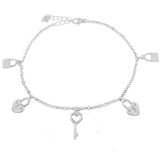 Heart Lock-Key Sterling Silver Charm Bracelet